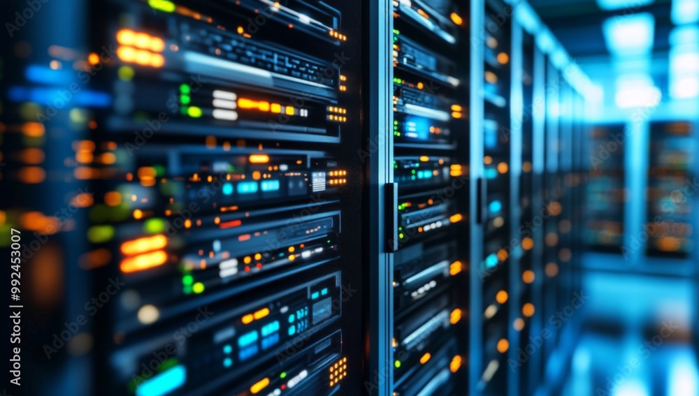Row servers data center are arranged neat orderly Modern Rack LED console Row servers data center are arranged neat orderly Modern Rack LED console