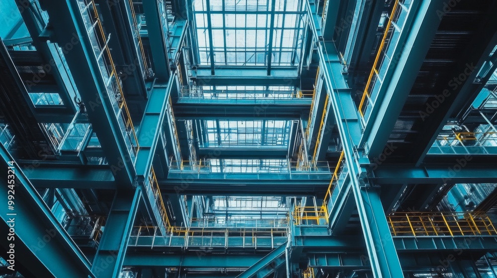 Interior large industrial building high ceiling is Abstract view of steel Interior large industrial building high ceiling is Abstract view of steel
