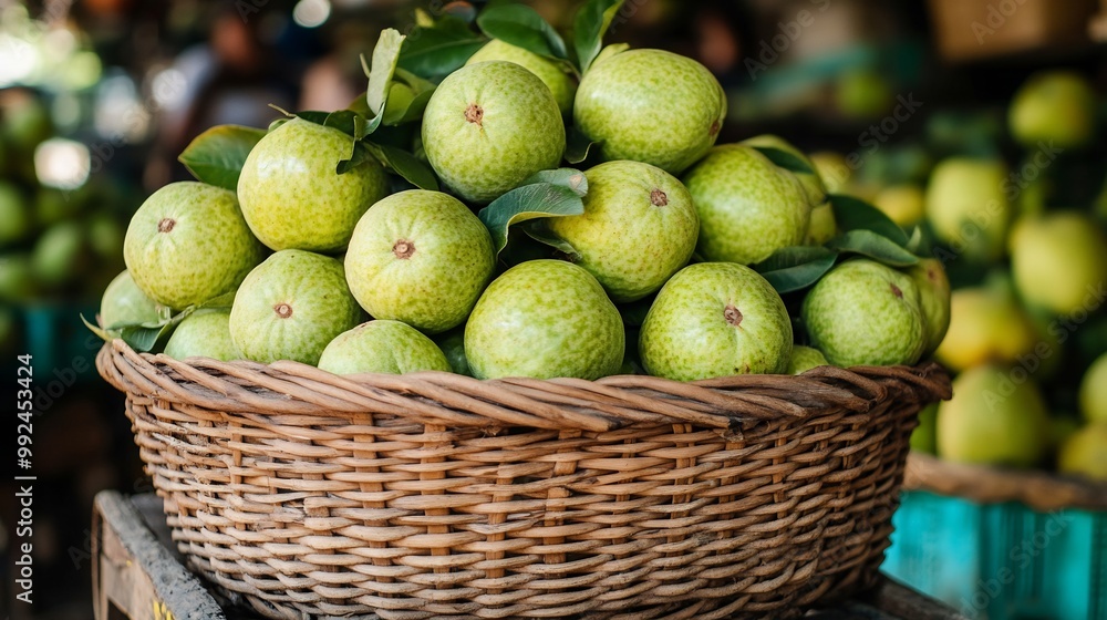 Basket of guavas market stall bustling street market with their bright green skin and aromatic scent drawing in customers perfect for travel and culturerelated projects Scientific name Psidium guajava Basket of guavas market stall bustling street market with their bright green skin and aromatic scent drawing in customers perfect for travel and culturerelated projects Scientific name Psidium guajava