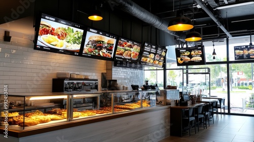 Interior fast food restaurant has modern industrial mock up