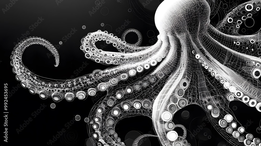 Obraz premium Wireframe Octopus with Circular Detail on Black Background