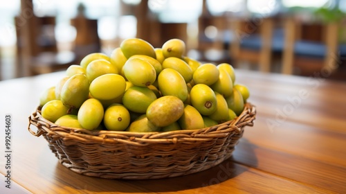 Wallpaper Mural Basket of jujube fruits placed on a beachside caf table with surfboards and bright umbrellas softly blurred in the background creating an exotic tropical vibe Scientific name Ziziphus jujuba Torontodigital.ca