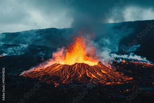 Erupting Volcano with Molten Lava and Smoke