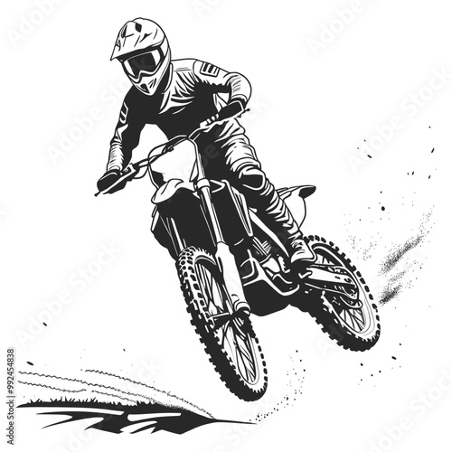 Monochrome illustration captures a motorcyclist performing a motocross jump
