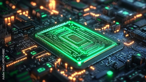 a microchip on the motherboard shines with bright green neon