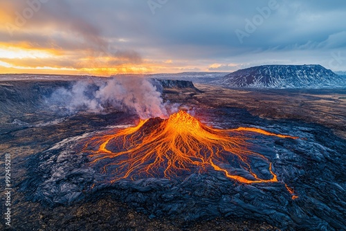 Aerial View of a Volcano Erupting with Lava Flowing Through the Landscape