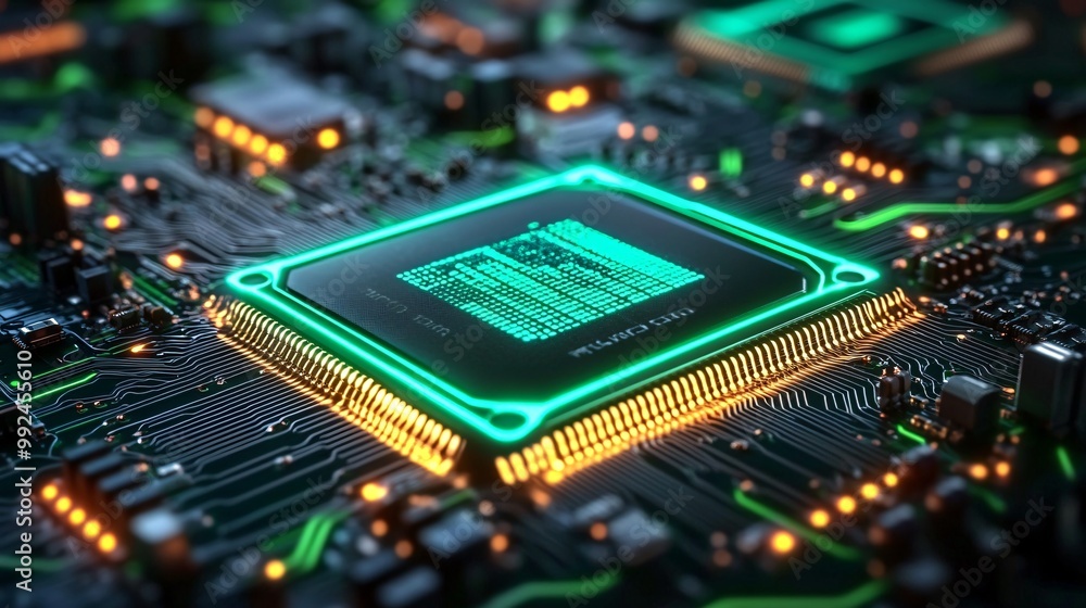 A computer motherboard microchip, a bright green light throughout the setup A computer motherboard microchip, a bright green light throughout the setup