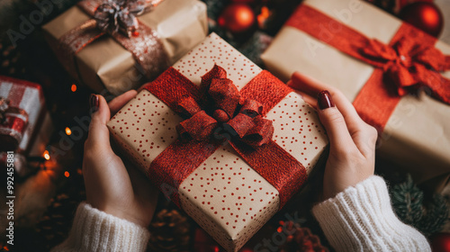 Unwrapping beautifully wrapped Christmas present, adorned with festive red bow, brings joy and excitement during holiday season. warm atmosphere is enhanced by surrounding decorations