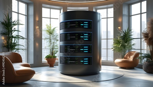 Multi-Tenant Database Concept Featuring an Apartment-Style Cylinder with Windows on Servers photo