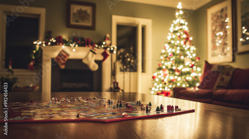 cozy Christmas themed game night scene featuring board game on wooden table, with beautifully decorated Christmas tree in background, creating warm and festive atmosphere