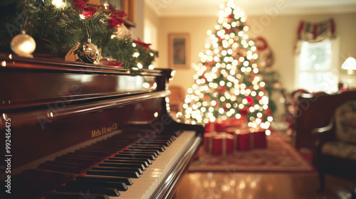 beautifully decorated Christmas scene featuring grand piano in foreground and brightly lit Christmas tree in background, creating warm and festive atmosphere