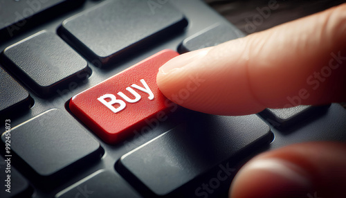 finger presses red BUY button key on laptop keyboard, symbol of internet business technology concept