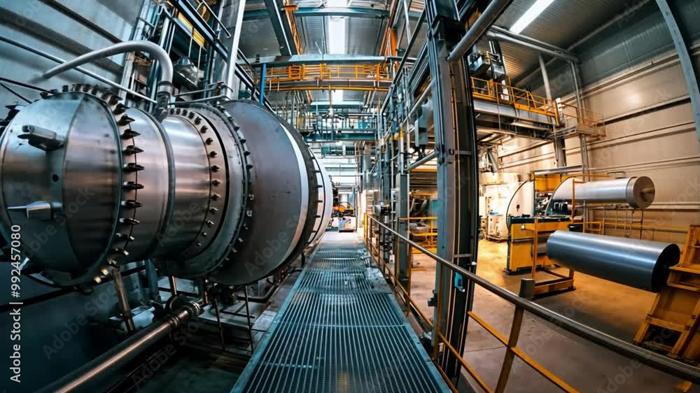 View through a large industrial pipe, looking down a walkway, lined by steel machinery. View through a large industrial pipe, looking down a walkway, lined by steel machinery.