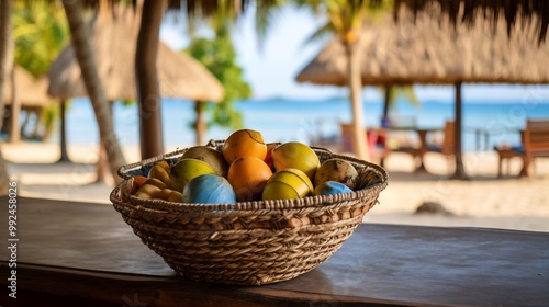 Basket of marang fruits resting colorful deck beachside caf surfers ocean waves softly blurred in the background promoting a fresh tropical vacation atmosphere Scientific name Artocarpus odoratissimus photo