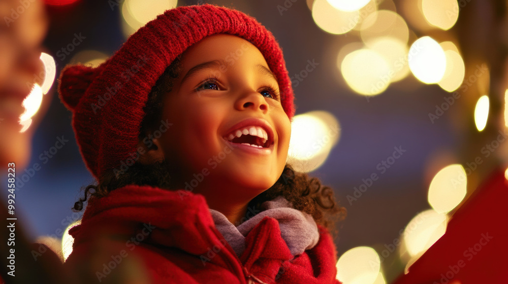 Smiling girl in red winter attire, enjoying festive atmosphere with twinkling lights around her, radiating joy and warmth during holiday season Smiling girl in red winter attire, enjoying festive atmosphere with twinkling lights around her, radiating joy and warmth during holiday season