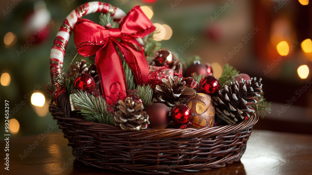 beautifully arranged Christmas gift basket filled with festive decorations, including red ornaments, pine cones, and greenery, perfect for spreading holiday cheer beautifully arranged Christmas gift basket filled with festive decorations, including red ornaments, pine cones, and greenery, perfect for spreading holiday cheer