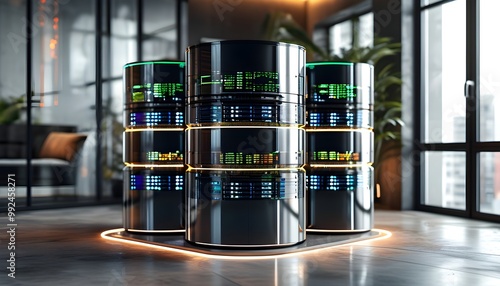 Multi-Tenant Database Concept Featuring an Apartment-Style Cylinder with Windows on Servers photo