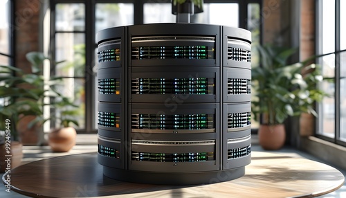 Multi-Tenant Database Concept Featuring an Apartment-Style Cylinder with Windows on Servers photo