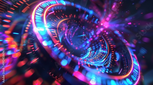 Abstract swirling neon lights in blue, red, and pink create a vibrant and dynamic visual effect.