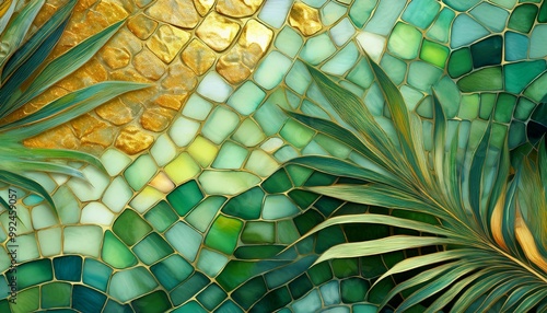 Abstract mosaic design with vibrant green and gold tiles, featuring a large tropical leaf. Perfect for wall art, decor, backgrounds, or creative projects with a botanical and luxurious feel. 