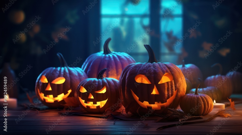 Spooky Halloween Jack-O-Lanterns Glowing in the Dark Spooky Halloween Jack-O-Lanterns Glowing in the Dark