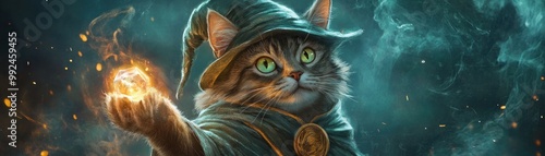 Enchanting Cat Wizard Casting a Spell with Glowing Orb in Mystical Fantasy Setting photo