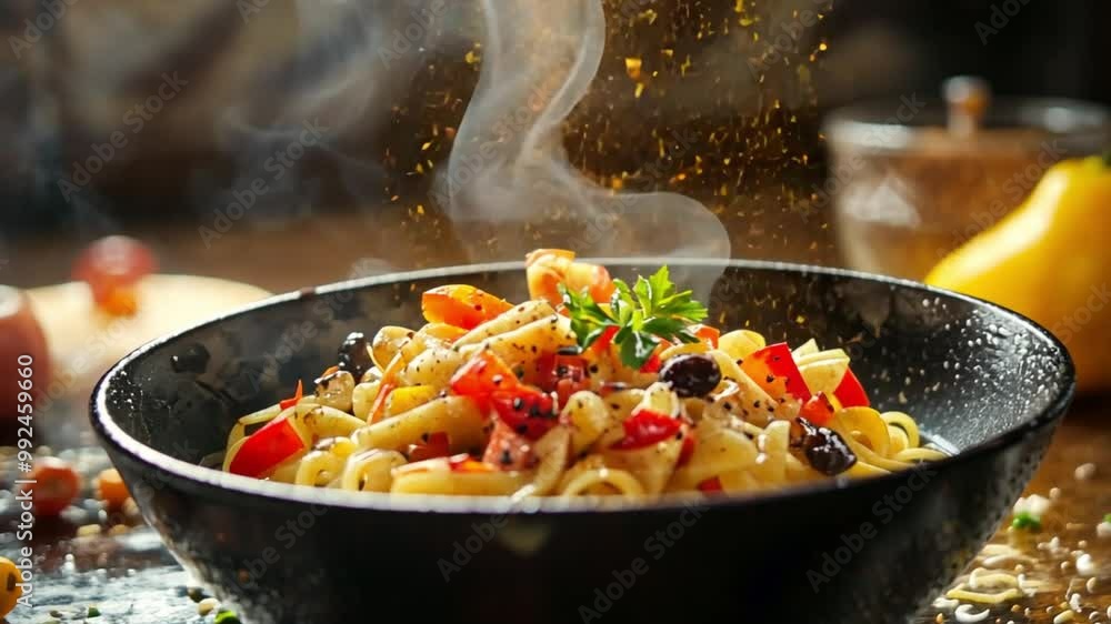 Steaming bowl of pasta with vegetables, garnished with parsley. Steaming bowl of pasta with vegetables, garnished with parsley.