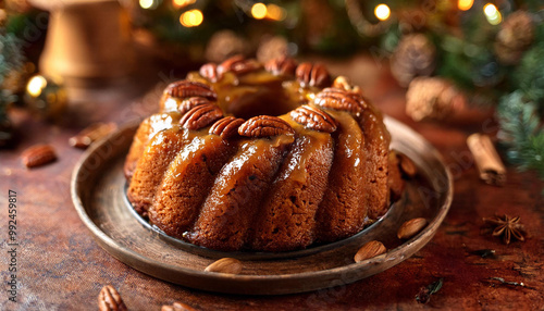 A festive Bundt Caribbean Rum Cake topped with pecans, served on a rustic plate, surrounded by holiday decorations and warm lighting. Ideal for Christmas dessert or holiday baking designs. photo