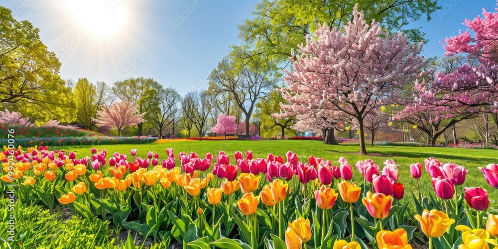 A Charming Spring Park Featuring a Carpet of Wildflowers, Budding Trees, and a Bright, Sunlit Landscape. A Charming Spring Park Featuring a Carpet of Wildflowers, Budding Trees, and a Bright, Sunlit Landscape.