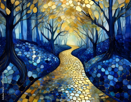 A beautiful abstract mosaic of a forest path in blues and golds, perfect for wall art, backgrounds, creative designs, and home decor. Ideal for nature-inspired projects.
