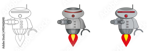Ilustración de Robot con estilo de caricatura retro. Vector con distintas versiones del mismo dibujo. 