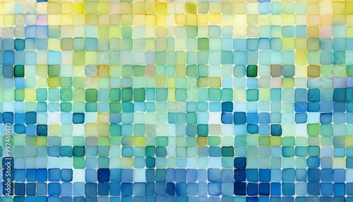Abstract mosaic of blue, green, and yellow tones, resembling water reflections. Perfect for design backgrounds, artistic creations, home decor, and digital art.