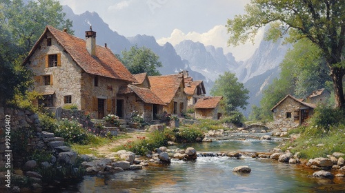 Serene village by a river with mountains in the background.