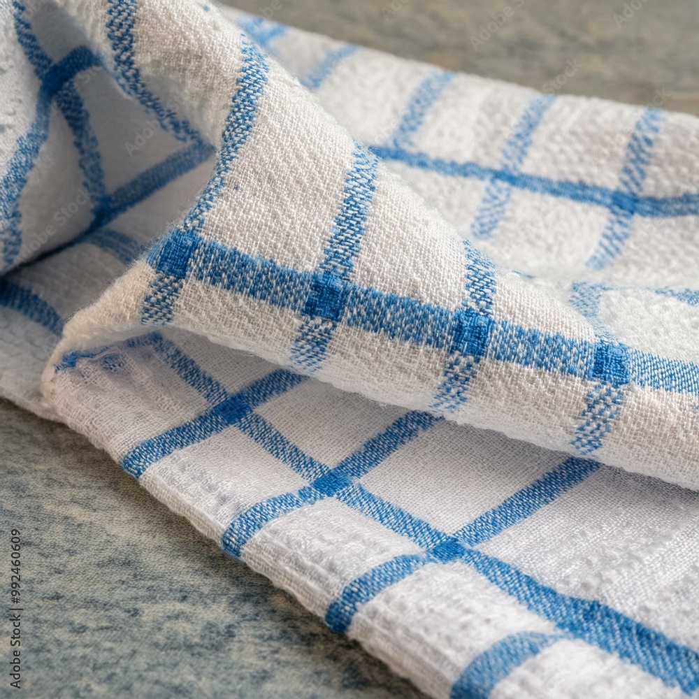 A close-up of a blue and white checkered kitchen towel folded on a stone surface. Perfect for use in kitchen-related projects, home decor, cooking tutorials, or product photography for household items A close-up of a blue and white checkered kitchen towel folded on a stone surface. Perfect for use in kitchen-related projects, home decor, cooking tutorials, or product photography for household items