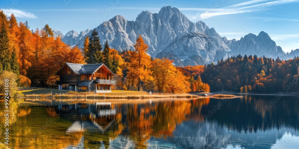 Fototapeta premium A Charming Wooden House on the Shore of a Tranquil Lake, with a Backdrop of Snow-Capped Mountains and Colorful Autumn Trees Glowing in the Sunlight.