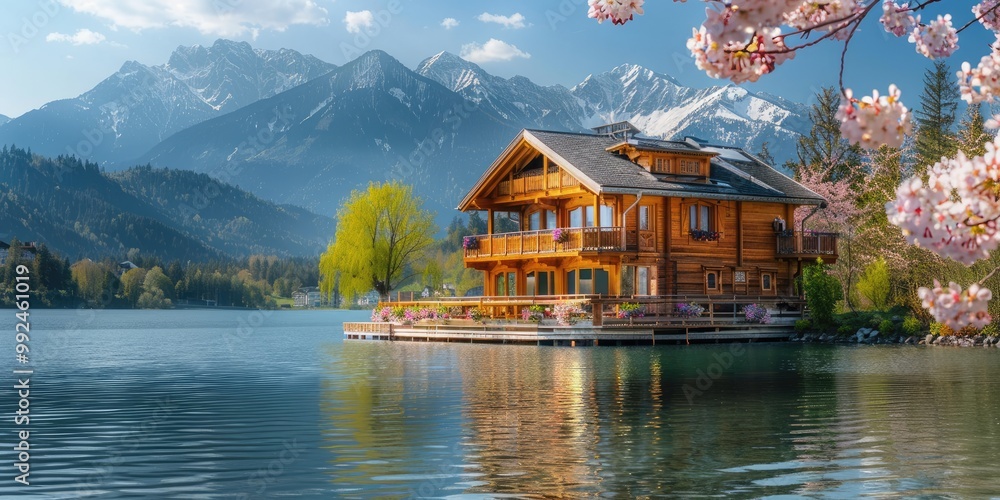 Fototapeta premium A Charming Wooden House on the Shore of a Tranquil Lake, with a Backdrop of Snow-Capped Mountains and Colorful Autumn Trees Glowing in the Sunlight.