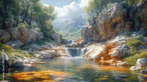 Serene waterfall cascading into a tranquil pool surrounded by rocks.