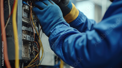 technician wearing safety gloves works on electrical equipment, carefully handling wires and connections. focus is on intricate details of machinery and importance of safety in technical tasks