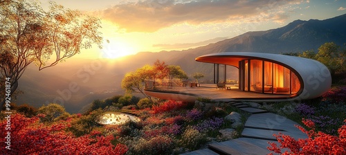 A futuristic house on the top of mountain, with rounded architecture and surrounded by beautiful flowers photo