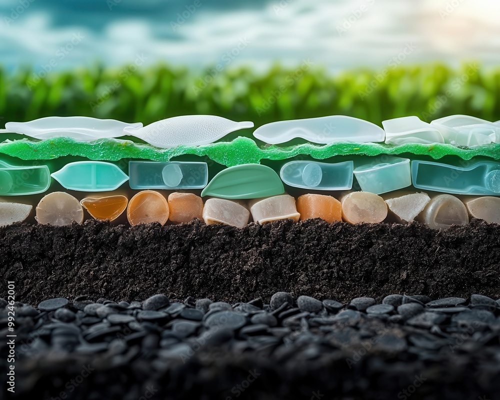 A cross-section of soil showing microplastics at different stages of ...