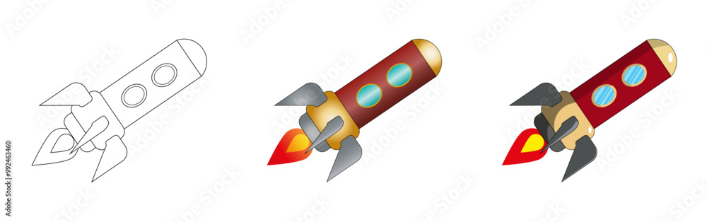 Ilustración de Cohete espacial con estilo de caricatura retro. Vector con distintas versiones del mismo dibujo. 