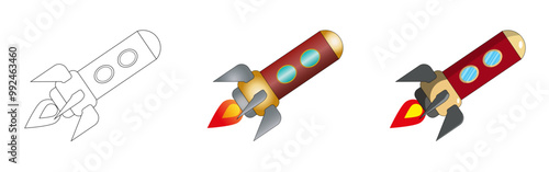 Ilustración de Cohete espacial con estilo de caricatura retro. Vector con distintas versiones del mismo dibujo. 