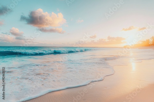 Tranquil Beach Scene with Gentle Waves at Sunset