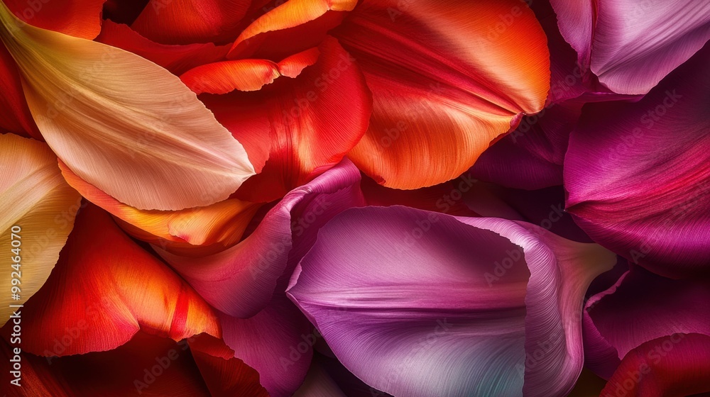 Obraz premium A close-up of overlapping tulip petals in a spectrum of colors, capturing the intricate folds