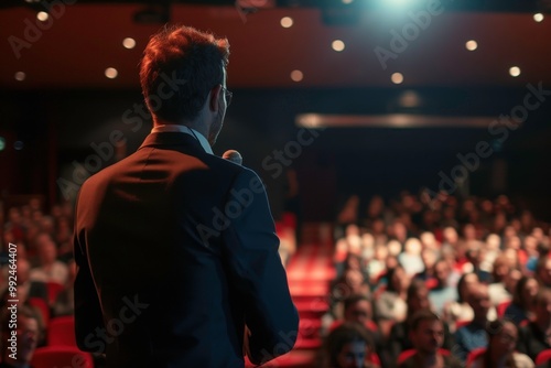 Man in suit addressing large audience with microphone, suitable for presentations, public speaking, conferences, leadership, business. Generative AI