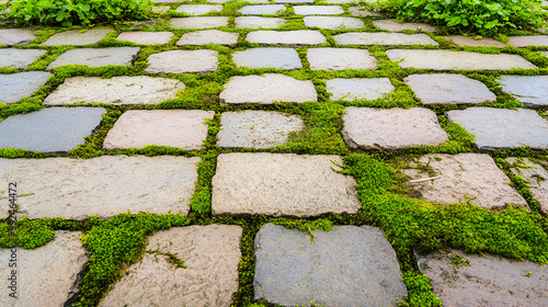 Close up of pavement with green moss between bricks. Geometric patterns in natural and urban settings. Seamless cobblestones and moss textures. Moss removal from the pavement Paving stones wit