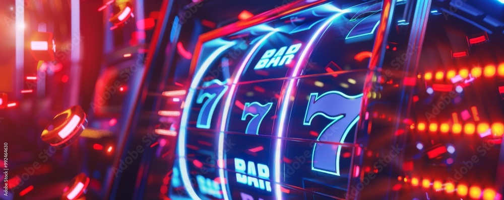 Closeup of a glowing slot machine with three lucky sevens. Closeup of a glowing slot machine with three lucky sevens.