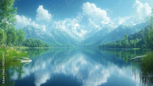 Serene mountain landscape with a reflective lake and lush greenery.