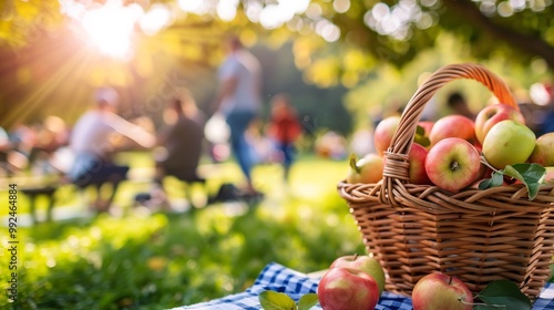 Basket of sorb apple placed picnic table vibrant sundrenched park family playing fitness enthusiast exercising softly blurred behind promoting lively active outdoor setting Scientific name Sorbus photo