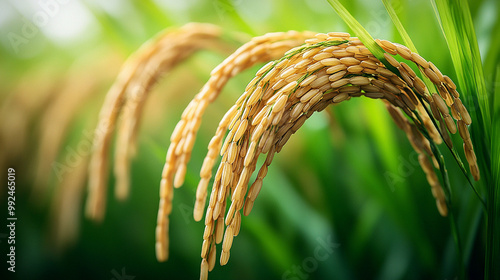 Close-up of golden rice stalks bending in lush green field. photo